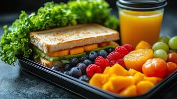 Healthy lunch with sandwich, fruits, and juice arranged beautifully on a platter. photo