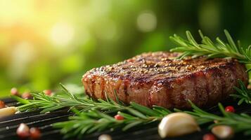 Grilled steak seasoned with herbs on a barbecue grill in a sunny outdoor setting. photo