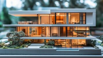 Modern architectural model showcasing sleek lines and open spaces in a serene landscape. photo