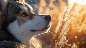 Dog enjoys golden sunlight in a field of tall grass during a serene morning moment. photo