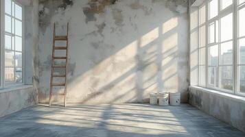 Empty room with ladder and paint buckets illuminated by sunlight streaming through large windows. photo