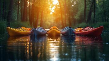Kayaks lined up on calm water during sunset in a forested area. photo