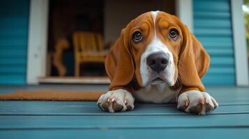 Beagle puppy lounging on porch during sunny day with a curious expression. photo