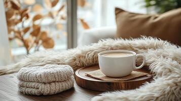 Cozy coffee moment in a warm living room setting with knitted accessories and soft textures. photo