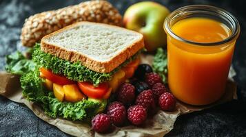 Fresh sandwich with vegetables, fruits, and juice on a dark table for healthy eating. photo