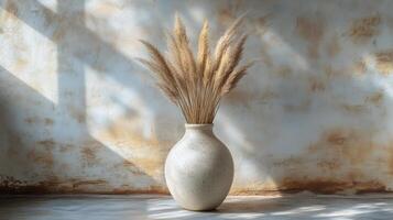 Pampas grass arrangement in a minimalistic vase against a textured wall in a well-lit interior space. photo