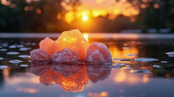 Colorful salt crystals reflect the sunset over a tranquil water surface in a serene natural setting. photo