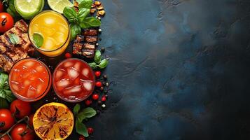 Refreshing summer drinks and grilled vegetables displayed on a dark background. photo