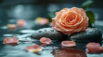 Soft pink rose resting on wet stones surrounded by petals in tranquil water setting. photo