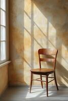 Wooden chair positioned by a sunlit window evoking a cozy, warm atmosphere in a simple room. photo