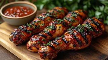 Grilled chicken drumsticks with barbecue sauce and herbs on wooden board. photo