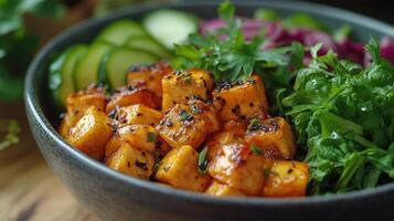 Colorful salad bowl featuring diced sweet potatoes and fresh vegetables garnished with herbs. photo