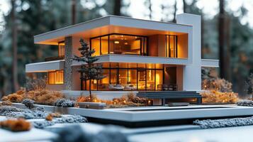 Modern architectural design of a house in the woods during twilight with illuminated windows. photo