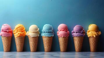 Colorful ice cream cones arranged in a line against a bright blue background. photo