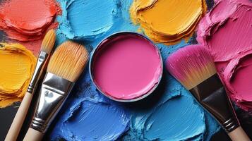 Creative art supplies arranged with vibrant paint colors on a black background. photo