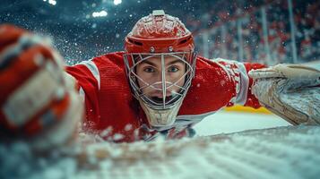 Goaltender diving for puck during intense hockey match in indoor arena. photo