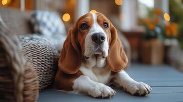 Beagle resting comfortably on a cozy porch with flowers in the background during a warm afternoon. photo