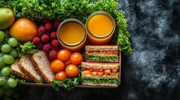 Healthy meal prep with sandwiches, fruits, and juices in a colorful arrangement. photo
