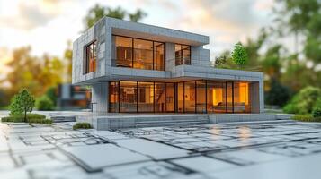 Modern architectural design in a serene outdoor setting during sunset. photo