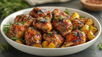 Grilled chicken legs with roasted potatoes and herbs on a serving platter at a summer gathering. photo
