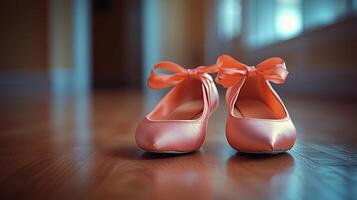 Beautiful pink ballet shoes with ribbons are placed on a wooden floor in a bright room. photo