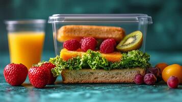 Fresh and colorful lunch box with fruits and vegetables on a green background. photo