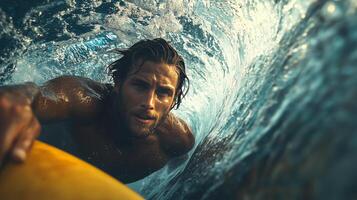Surfer riding a wave while holding a surfboard during sunset at the beach. photo