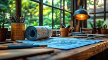 Workspace with architectural plans and tools in a well-lit room surrounded by greenery. photo