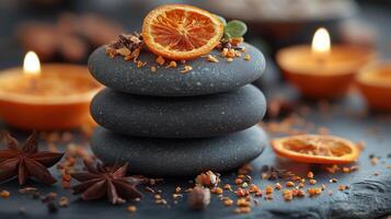 Relaxing spa setting with stacked stones and orange slices creating a tranquil atmosphere. photo