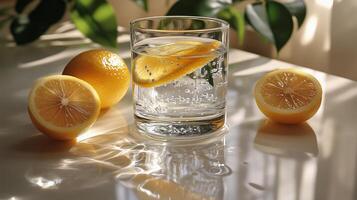Freshly made lemonade with lemon slices on a sunny table in a cozy kitchen setting. photo
