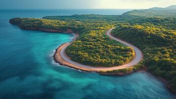 Scenic coastal road curves along lush green hills by the blue ocean. photo