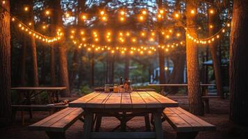Outdoor gathering with warm lights strung above a picnic table in a wooded setting at dusk. photo