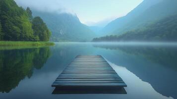 Calm morning at a mountain lake with a wooden dock and mist rising from the water. photo