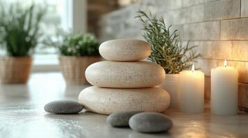 Zen decor featuring stacked stones and candles in a tranquil indoor setting with greenery. photo