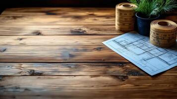 Project planning on a rustic wooden table with blueprints and measuring tools. photo