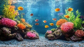 Vibrant underwater landscape with colorful fish and coral in serene marine setting. photo