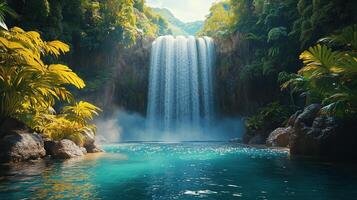 Majestic waterfall cascading into a serene turquoise pool surrounded by lush greenery. photo