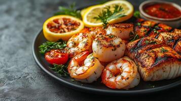 Grilled seafood platter with shrimp, scallops, and lemon garnishes served on black plate. photo