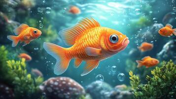 Vibrant goldfish swimming gracefully in a colorful underwater environment during daylight. photo