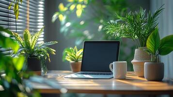Cozy workspace with plants and natural light during morning hours. photo