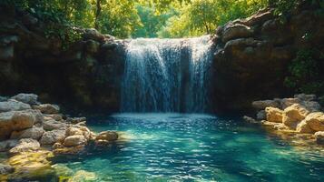 Beautiful waterfall cascading into a serene pool surrounded by lush greenery in a tropical setting. photo
