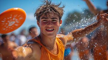 Young boy joyfully tossing frisbee during beach day under bright sunlight. photo