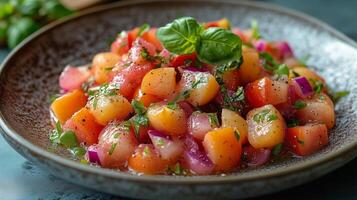 Fresh fruit salad with vibrant colors and herbs on a dark plate. photo