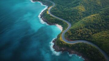 Curving coastal road offers stunning views of the ocean and lush green hillsides. photo
