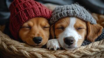 Two puppies wearing cozy hats sleeping peacefully in a warm basket. photo