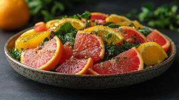 Vibrant citrus salad featuring oranges and grapefruits on a rustic plate. photo
