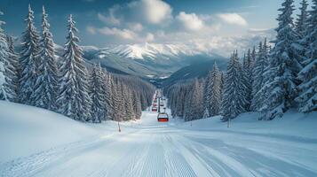 Snow covered mountains with ski lifts on a clear winter day in the remote forest. photo