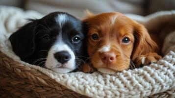 Two puppies snuggling together in a cozy blanket during a peaceful afternoon. photo
