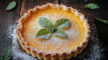 Lemon tart with mint leaves garnished on rustic wooden surface. photo