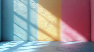 Bright and colorful interior with shadows cast on textured walls during daytime. photo